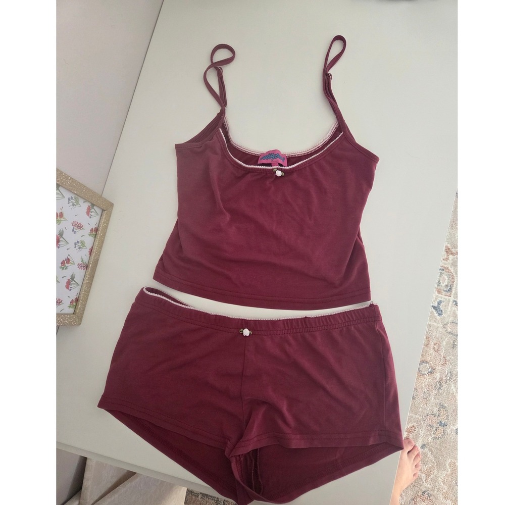 Edikted Burgundy Pajama Set Cami and Shorts Lace Trim Coquette Wine Red S M
